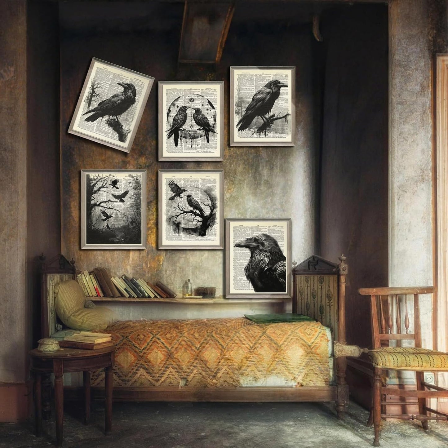 6Pcs Black Raven Wall Art Dark Academia Wall Decor Pictures Victorian Gothic Crow Canvas Posters Prints for Living Room Bedroom Decoration Unframed (8x10in)