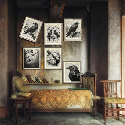 6Pcs Black Raven Wall Art Dark Academia Wall Decor Pictures Victorian Gothic Crow Canvas Posters Prints for Living Room Bedroom Decoration Unframed (8x10in)