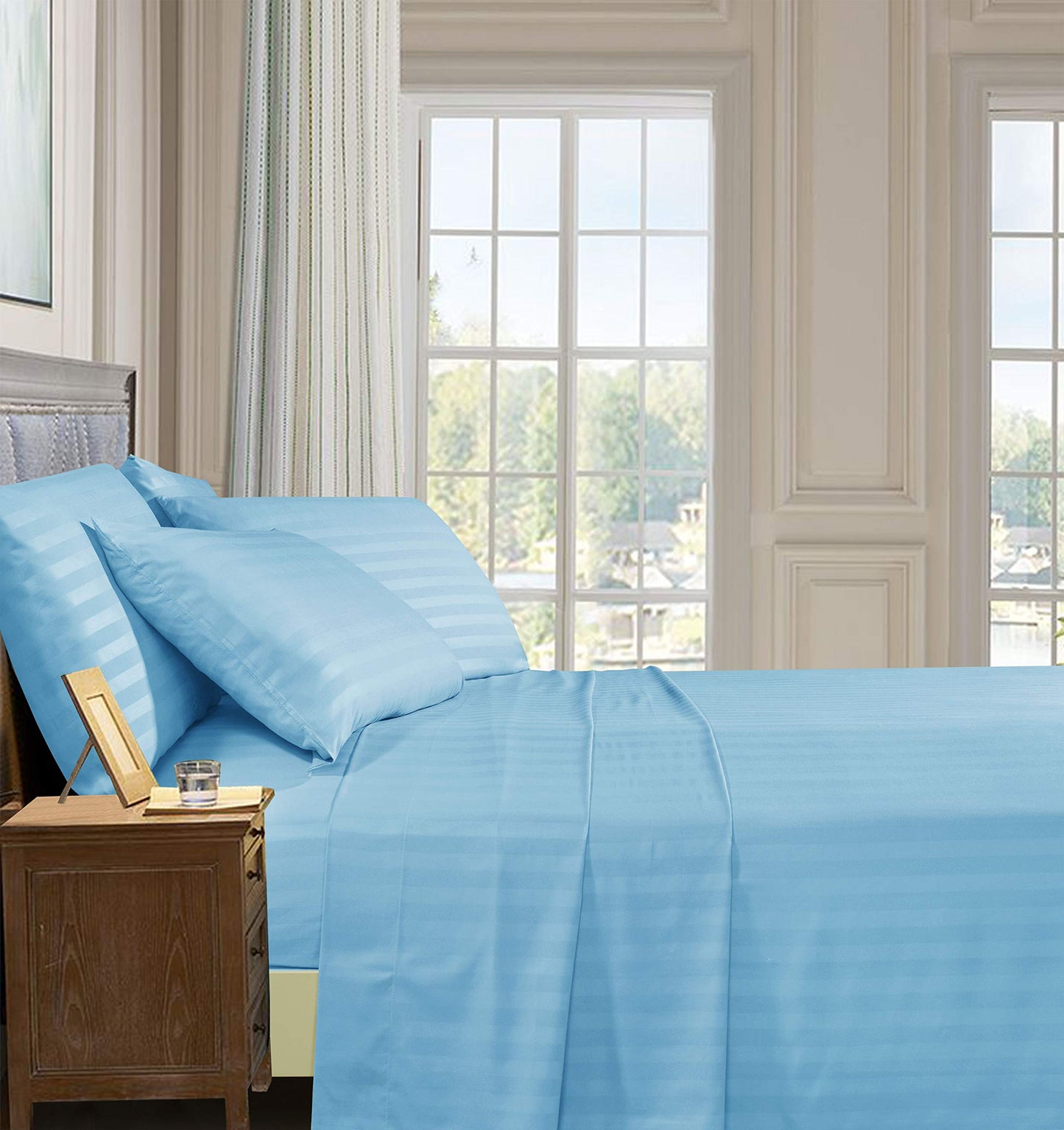 Elegant Comfort Best, Softest, Coziest 6-Piece Sheet Sets! - 1500 Premier Hotel Quality Luxurious Wrinkle Resistant 6-Piece Damask Stripe Bed Sheet Set, King Aqua Blue