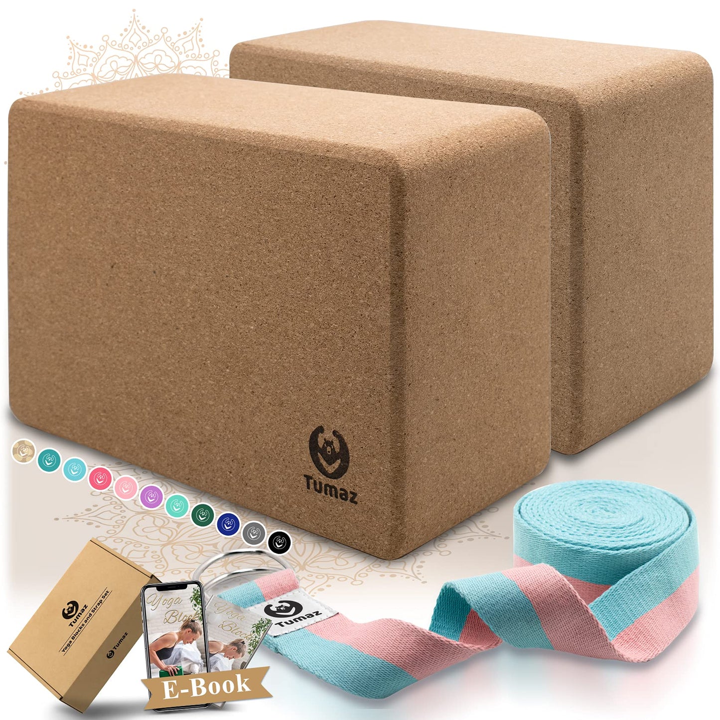 Tumaz Non-Slip Yoga Blocks 2-Pack - High Density/Lightweight EVA Foam & Natural Cork for Stability, Premium Set with E-Book Included