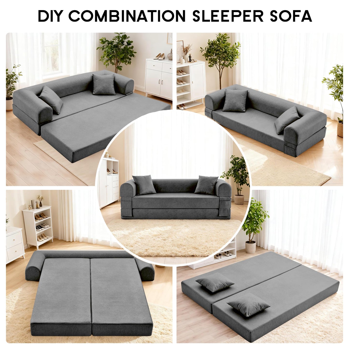 78.5" Convertible Sleeper Sofa Bed, Faux Leather Folding Floor Sofa with Pullout Bed&2 Pillows, No Assembly Modern Boneless Couch Compression Sofa in Box with Storage Pocket for Living Room, Gray
