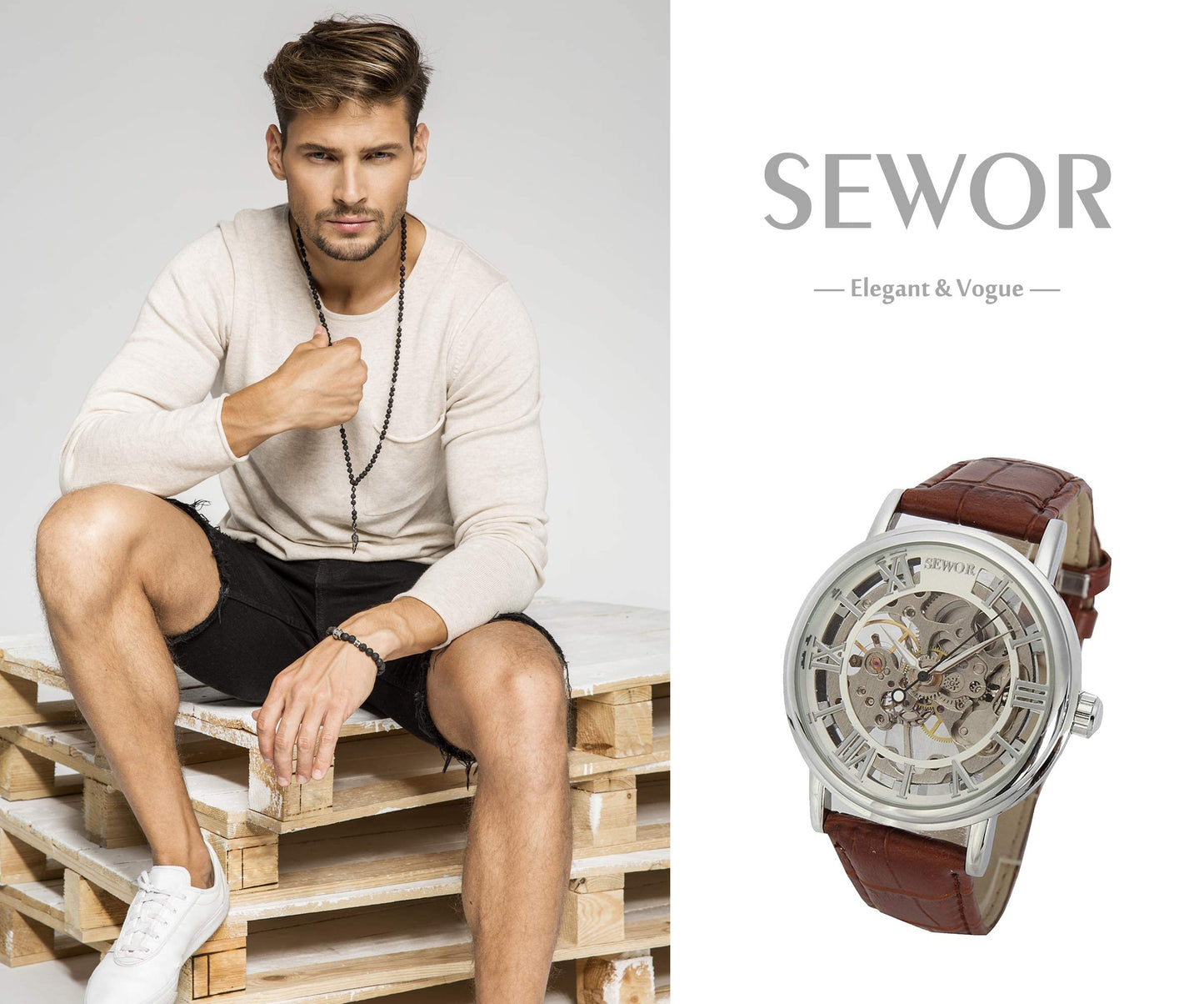 SEWOR Men's Mechanical Skeleton Transparent Vintage Style Leather Wrist Watch (Sliver)