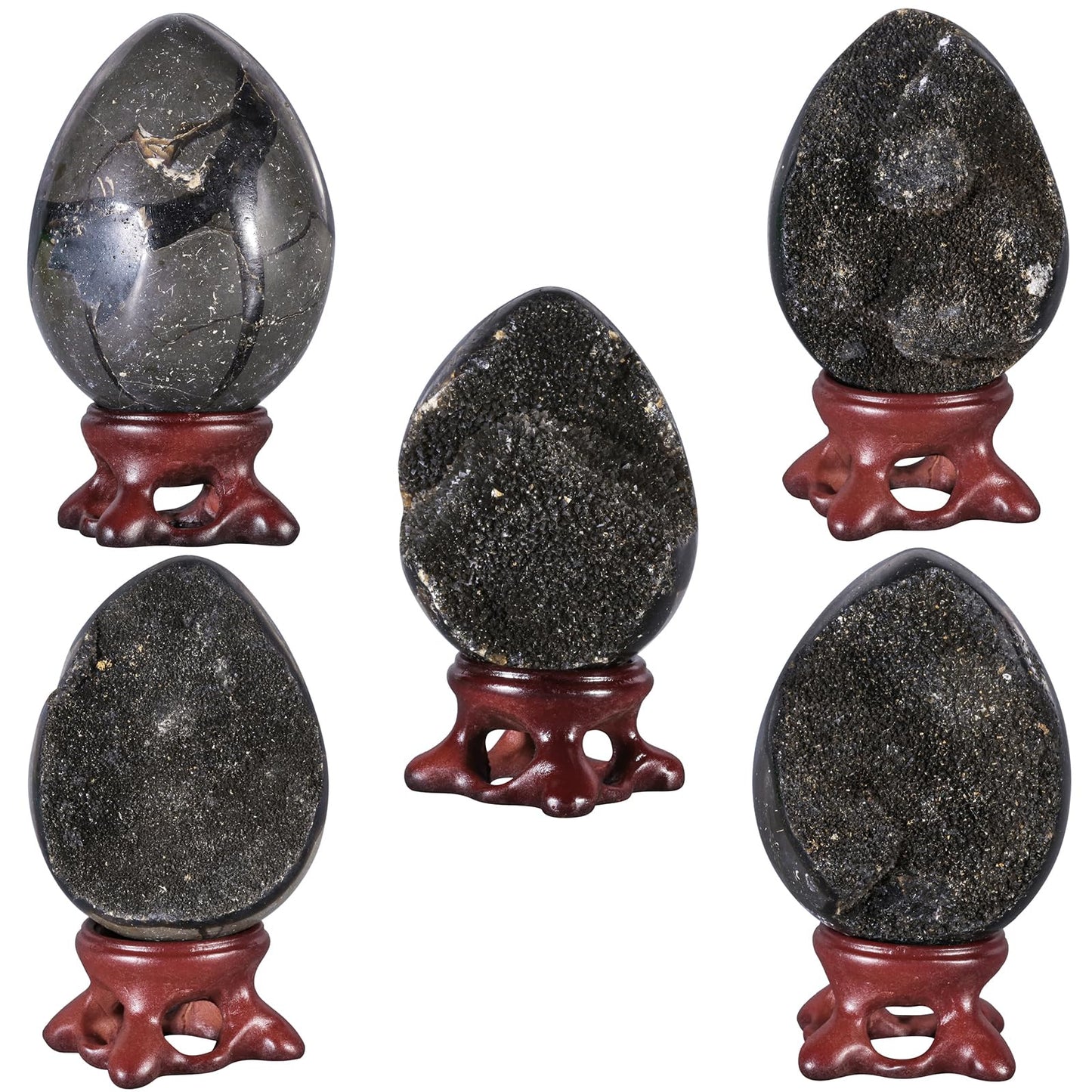 Nupuyai 2.0''-2.8'' Natural Black Septarian Dragon Geode Egg with Resin Stand, Reiki Healing Septarium Dragon Stone Egg Display, Crystal Quartz Drusy Specimen for Home Office Decoration