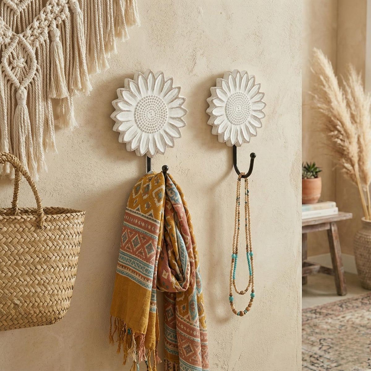 TRENDIN Rustic Wooden Sunflower Wall Hooks Set of 2, Distressed White Decorative Wall Hooks for Coats, Hats, Bags, and Keys, Farmhouse Floral Home Decor for Entryway, Bedroom or Living Room
