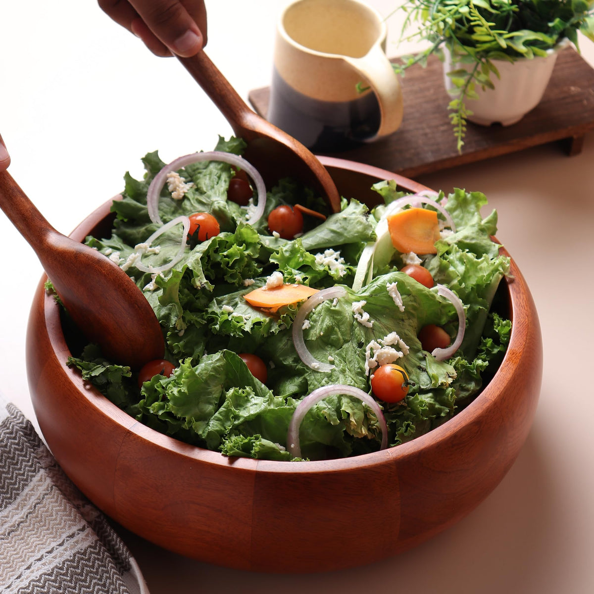 LAVAUX DESIGNS Extra large Wooden salad Bowl with 2 servers | 12x4 inches | 4.5 quarts capacity | Food safe salad serving bowl | (Natural Finish)