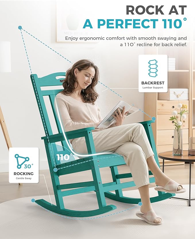 Ciokea Oversized Outdoor Rocking Chairs Set of 4, 380lbs Heavy-Duty Large Patio Rocker, High Back Cozy Porch Chairs, Weather Resistant Patio Rocking Chairs for Outside, Fire Pit, Deck, Aruba Blue