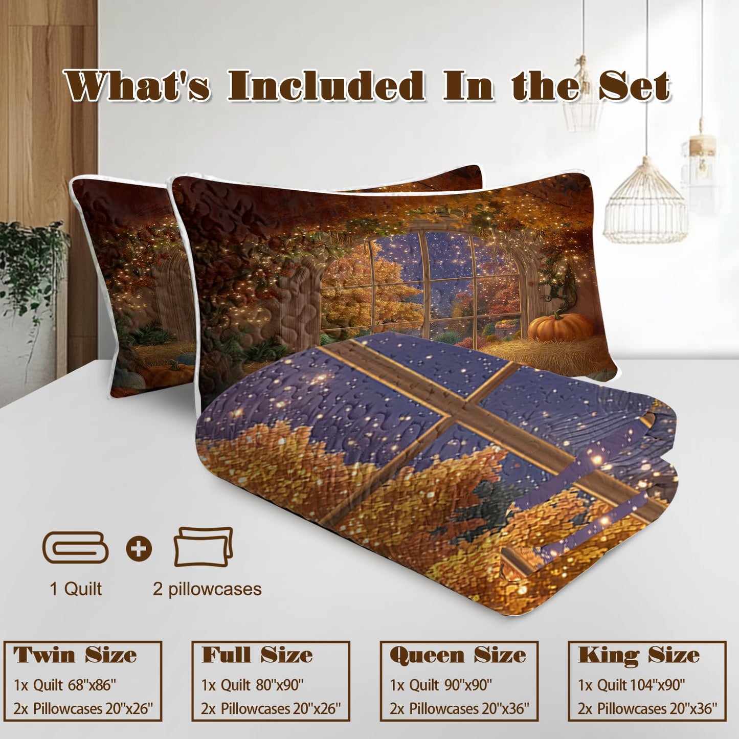 BlessLiving Fall Quilt Set King Size: Ultra Soft Microfiber Lightweight Shining Pumpkin Bedspreads Coverlets Quilt Bedding Set with 2 Pillow Shams for All Seasons