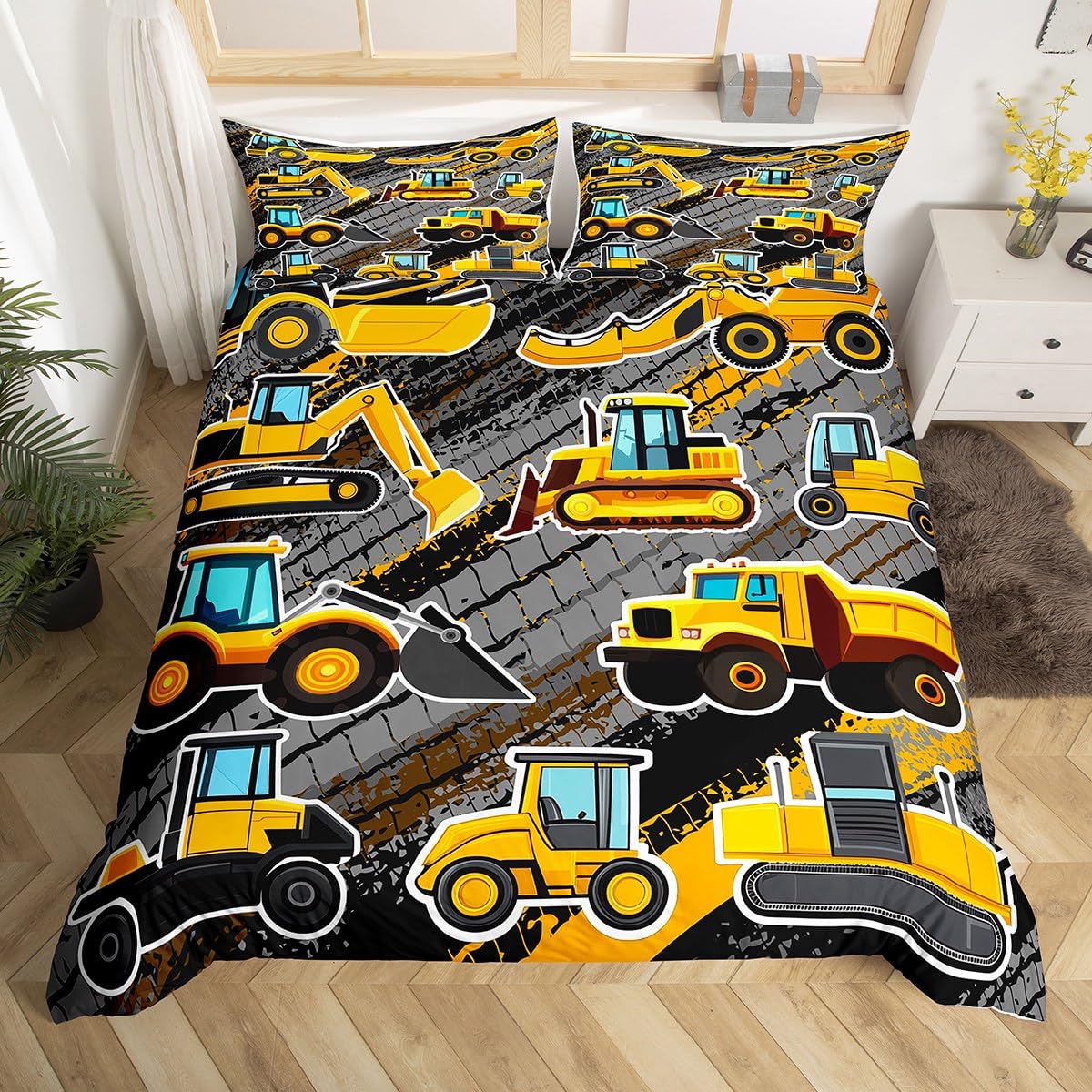Equipment Trucks Comforter Cover Set, Excavators Bedding Set Full, Yellow Vehicle Duvet Cover for Child Kids Children Boys Teens Construction Tractor Construction Site Car Beddings for Bedroom Decor