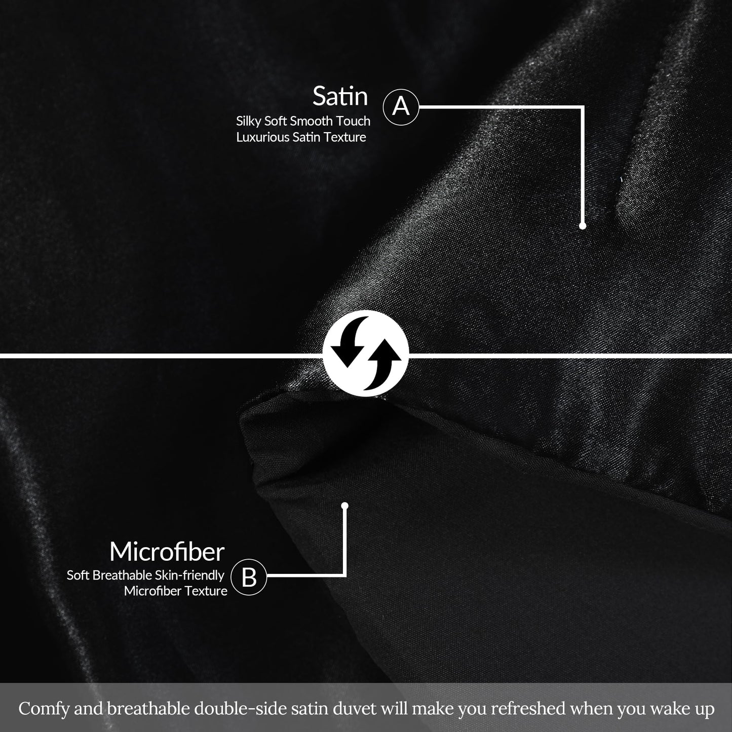 Whale Flotilla 3-Piece Reversible Silky Soft Queen Comforter Bedding Set, Luxurious Satin Comforters Full Size with 2 Satin Pillowcases, Lightweight Duvet for All Seasons, Black