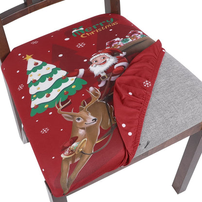 SearchI 6 Pack Christmas Seat Covers for Dining Room Chairs Stretch Printed Xmas Chair Seat Covers, Removable Upholstered Chair Seat Protector for Christmas Decoration, Kitchen, Office (Santa+elk)