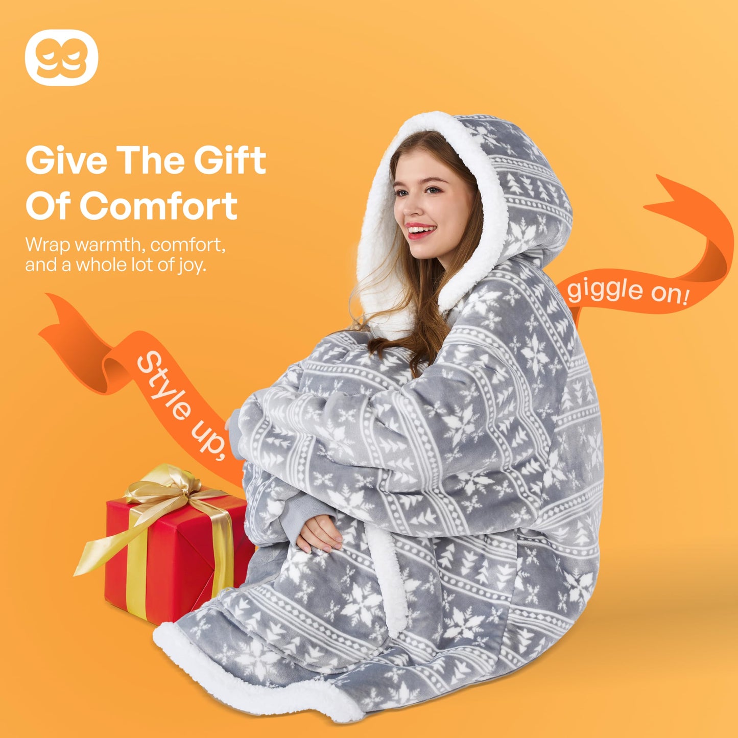 Giggling Getup Wearable Blanket Hoodie for Adults Gifts for Teen Girls Sister Women Sherpa Fleece Printed Hooded Blanket Sweatshirt Warm Cozy with Pocket & Sleeves Grey Snowflake
