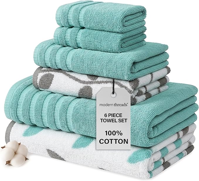 Modern Threads Organic Vines 6-Piece 100% Cotton Towel Set – Yarn Dyed Jacquard