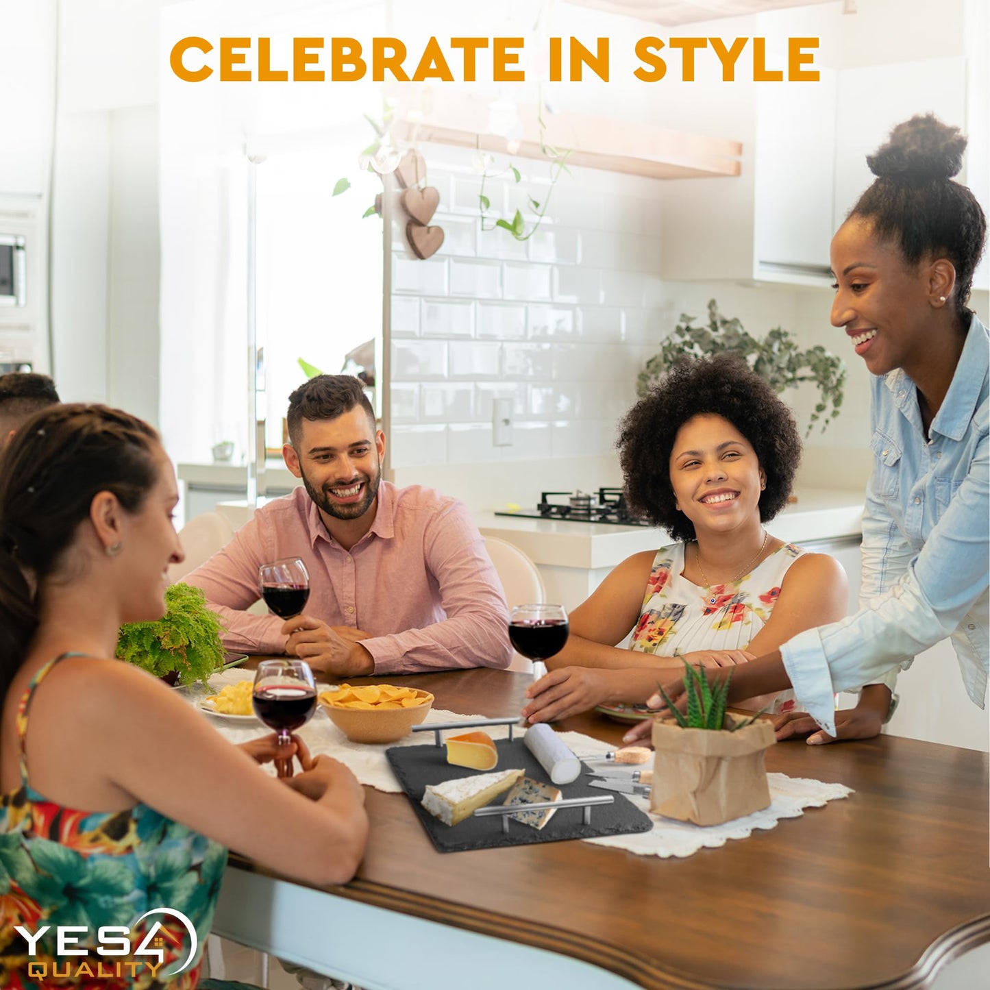 Slate Cheese Board Set w/Easy Carry Handles (14” x 10”, Black) Natural Stone Slate Tray for Appetizer Serving; Full Deluxe Cheeseboard Platter w/ 3 Knives, 1 Fork & 2 Soapstone Chalks by Yes4Quality