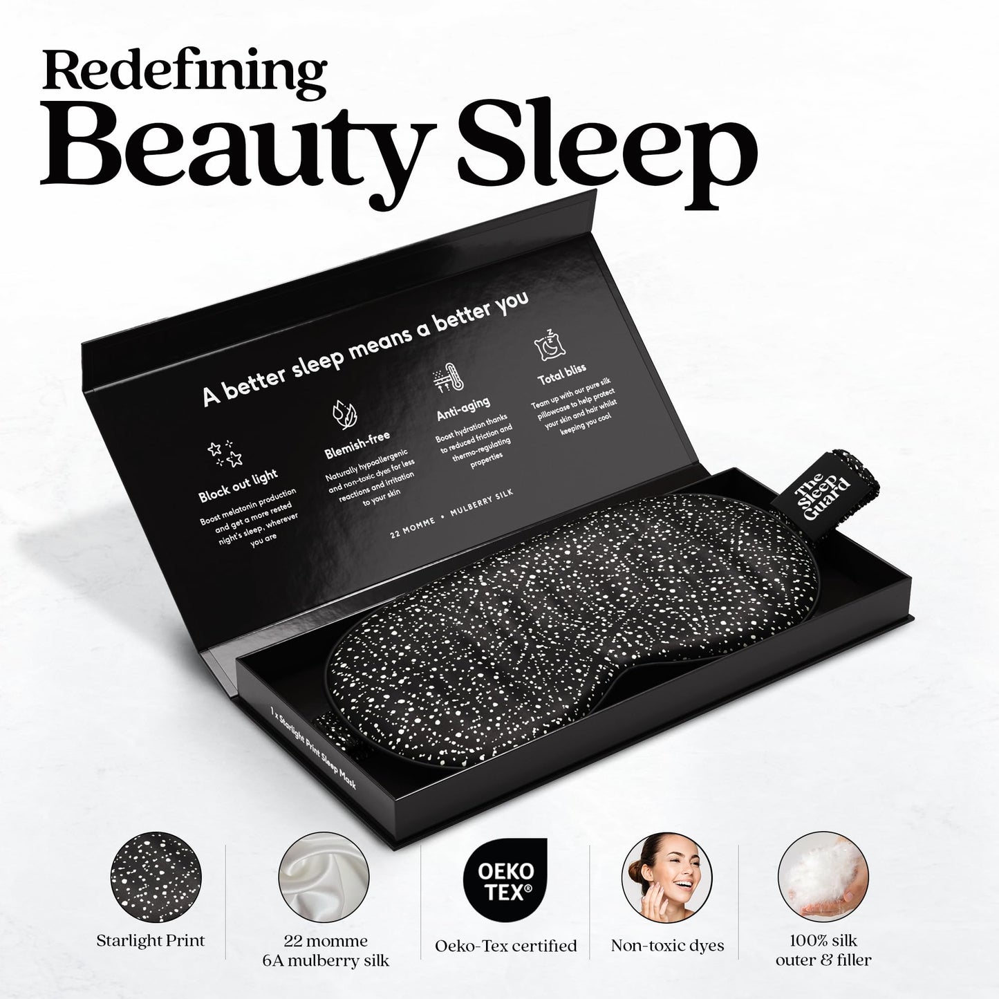 TheSleepGuard Pure Silk Sleep Mask [100% 6A Mulberry Silk, 22 Momme] Light Blocking Travel Essentials. Eye Masks for Sleeping. Black Oeko-Tex Blindfold. Eye Covers for Men & Women