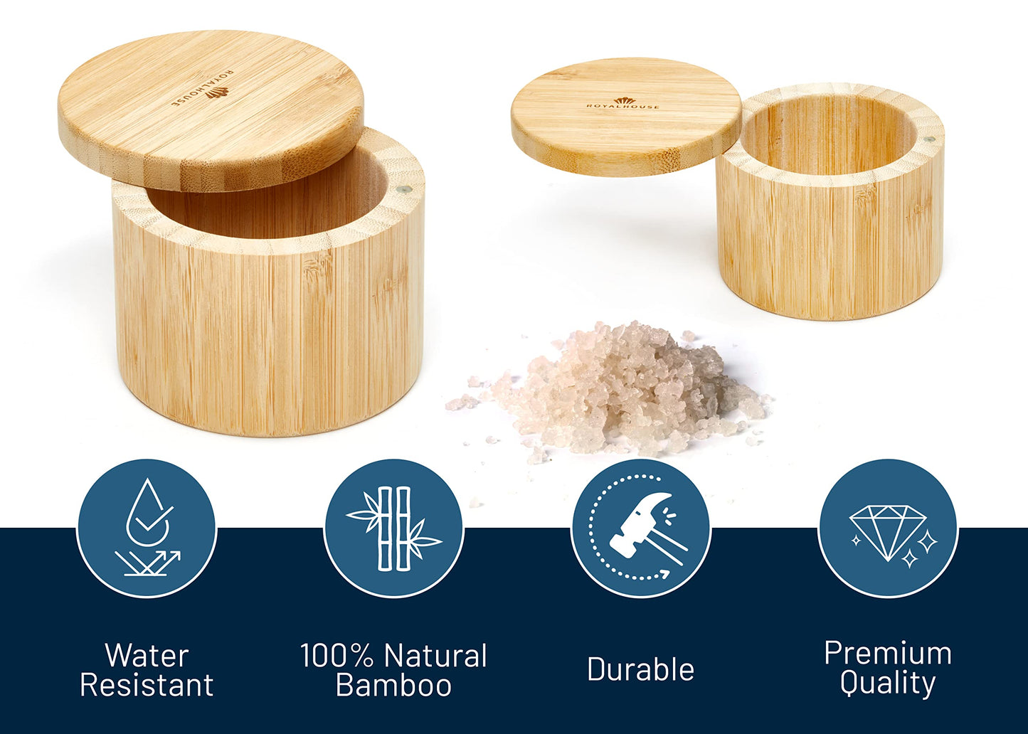 RoyalHouse 6 Oz Capacity Natural Bamboo Salt and Pepper Holder With Bamboo Lid, Salt Cellar With Magnetic Swivel Lid, Healthy Storage Box For Herbs Or Favorite Seasonings (Pack of 4)