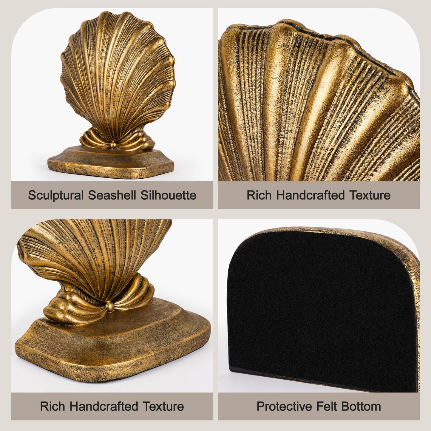 MXARLTR Decorative Shell Bookends, Coastal Nautical Book Ends for Shelves Desk, Resin Seashell Book Ends for Home Office Living Room Beach Decor (Gold)