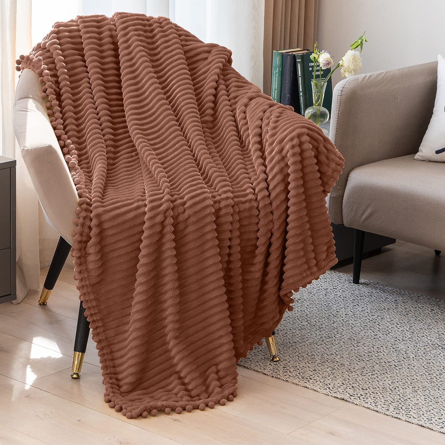 DISSA Fleece Blanket Throw Size – 51x63, Caramel – Soft, Plush, Fluffy, Fuzzy, Warm, Cozy – Perfect Throw for Couch, Bed, Sofa - with Pompom Fringe - Flannel Blanket Throw Blanket