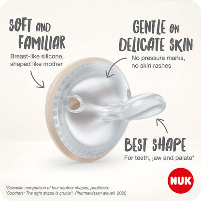 NUK MommyFeel Baby Dummy | 0-9 Months | Breastfeeding Friendly Soothers | BPA-Free Silicone | Blush & Sandstone | 2 Count