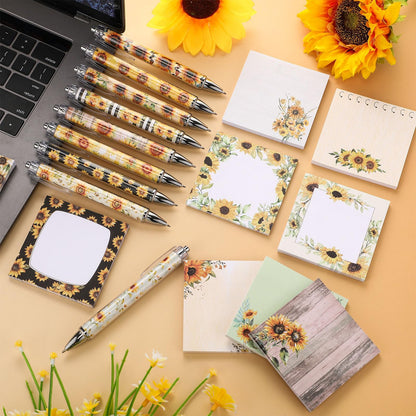 Saypacck 18 Pcs Sunflower Desk Accessories, 9 Pads Cute Sticky Notes, 9 Kawaii Pens, 3 x 3 Inches Notepads Memo Pad for Office Supplies Meeting Students School Decor Teacher Gifts