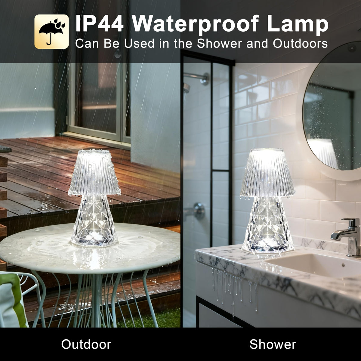 LOZNDA Waterproof Shower Lamp, Rechargeable Bathroom Lamp with RGB, Cordless Crystal Table Lamp, Dimmable Crystal Bedside Night Light for Bathroom Bedroom