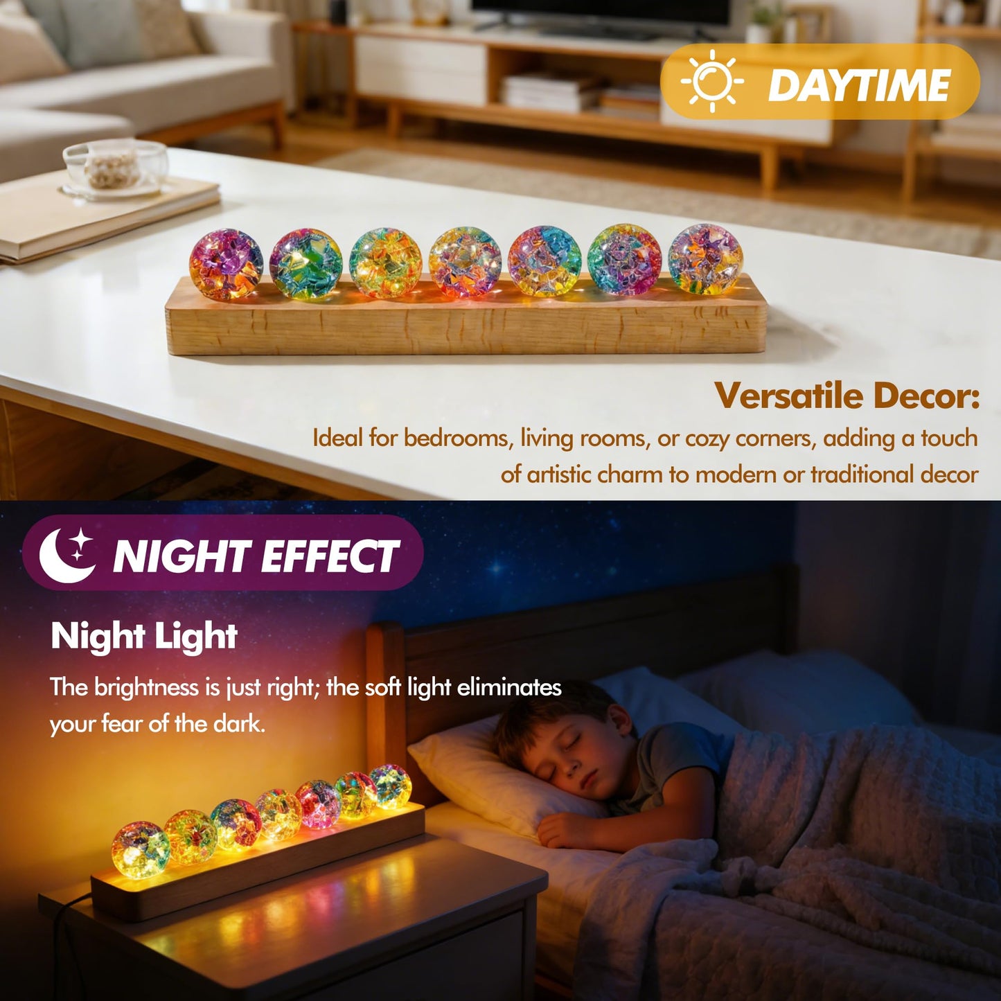 LOULIQIGIFT Set of 7 Crystal Balls Night Light Decor Healing Spheres with LED Wooden Stand for Meditation Energy Balancing Home Office Mother's Day Decoration Gifts for Women