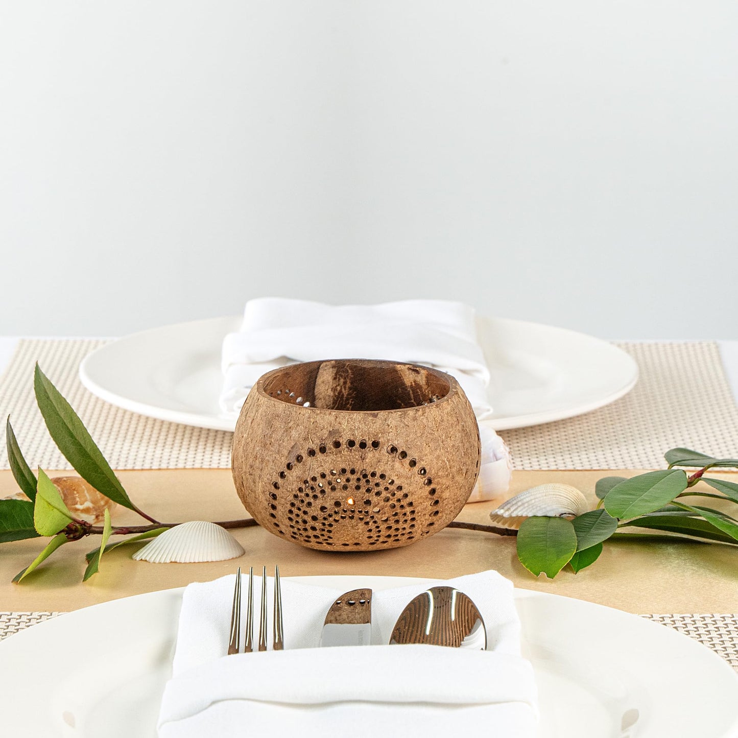 Restaurantware - Coco Casa 4 x 3.3 Inch Coconut Shell Candle Holders, 1 Reusable Tealight Candle Holders - Candle Not Included, Geometric Pattern, Tan Coconut Bowls for Candles, Handcrafted