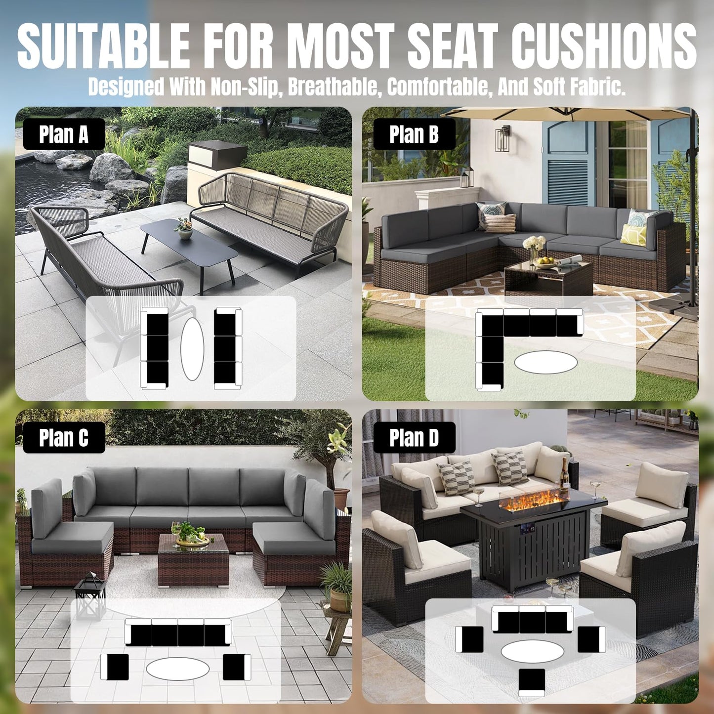 Cabubra 14PCS Outdoor Patio Furniture Cushion Covers, Waterproof & Sun-Resistant Zippered,Fit for Patio Furniture Sectional Sofas and Wicker Rocking Chairs,3 Sizes,Black. Covers Only