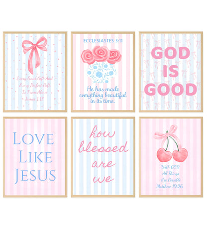 Coquette Pink & Blue Bow Wall Art Decor Posters - Blue & Pink Bow Christian Room Bedroom Bathroom Dorm Wall Art - Christian Inspirational Bible Verses - For College Teen Girls & Boys Gifts- Set Of 6 Pieces 8 x 10 Inch (UNFRAMED)