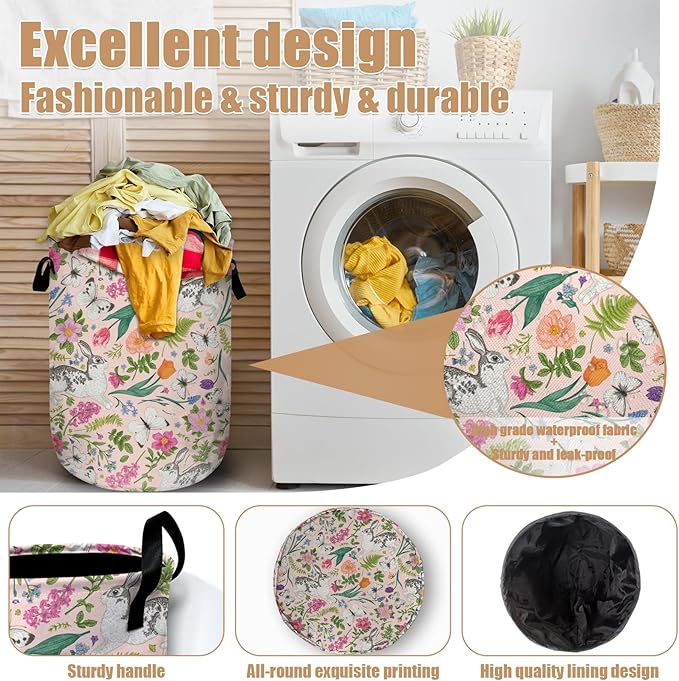 Bunny Rabbit Laundry Basket, Foldable Rabbit Flower Laundry Hamper Tote Bag