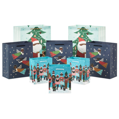 Hallmark Mahogany Christmas Gift Bag Assortment (8 Bags; 3 Small 6", 3 Medium 9", 2 Large 13") Black Santa Claus, African-American Angels, Carolers