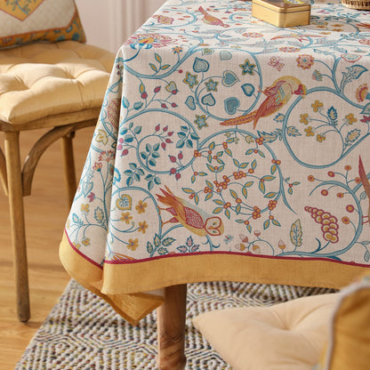 patdrea Designer Yellow French Spring Summer Tablecloth,Rustic Linen Floral Birds Pattern Table Cloth for Square Tables,Decor Table Cover for Kitchen Dining Holiday Banquet,Christmas,55"*55"