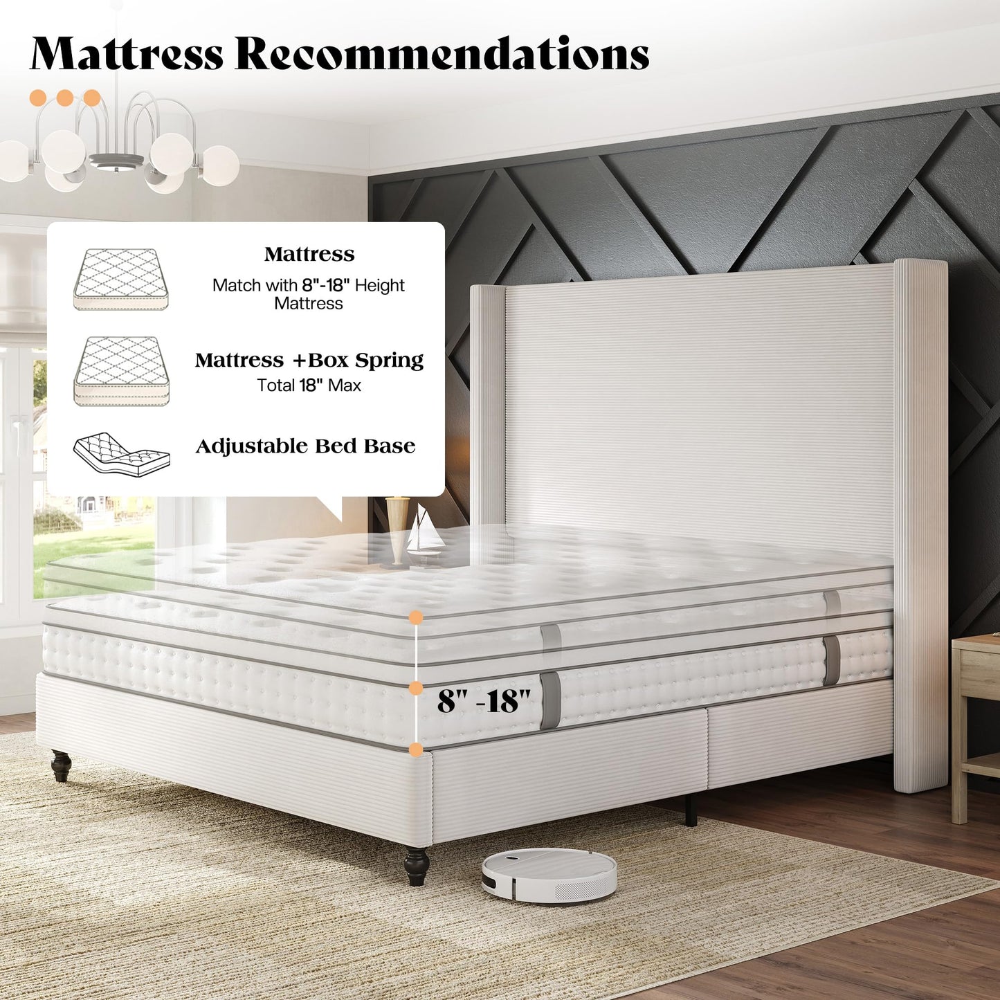 AMERLIFE King Size Bed Frame with 65" Tall Headboard, Upholstered Corduroy Bed Frame with Wingback, Platform Bed with Solid Wood Gourd Legs, Solid Slats, No Box Spring Needed, White