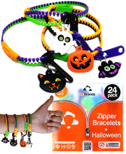 UpBrands 24-Pack Halloween Bracelets for Kids – Zipper Fidget Toys, Small Goodie Bag Stuffers, Party Favors, Trick-or-Treat Giveaways & Prizes
