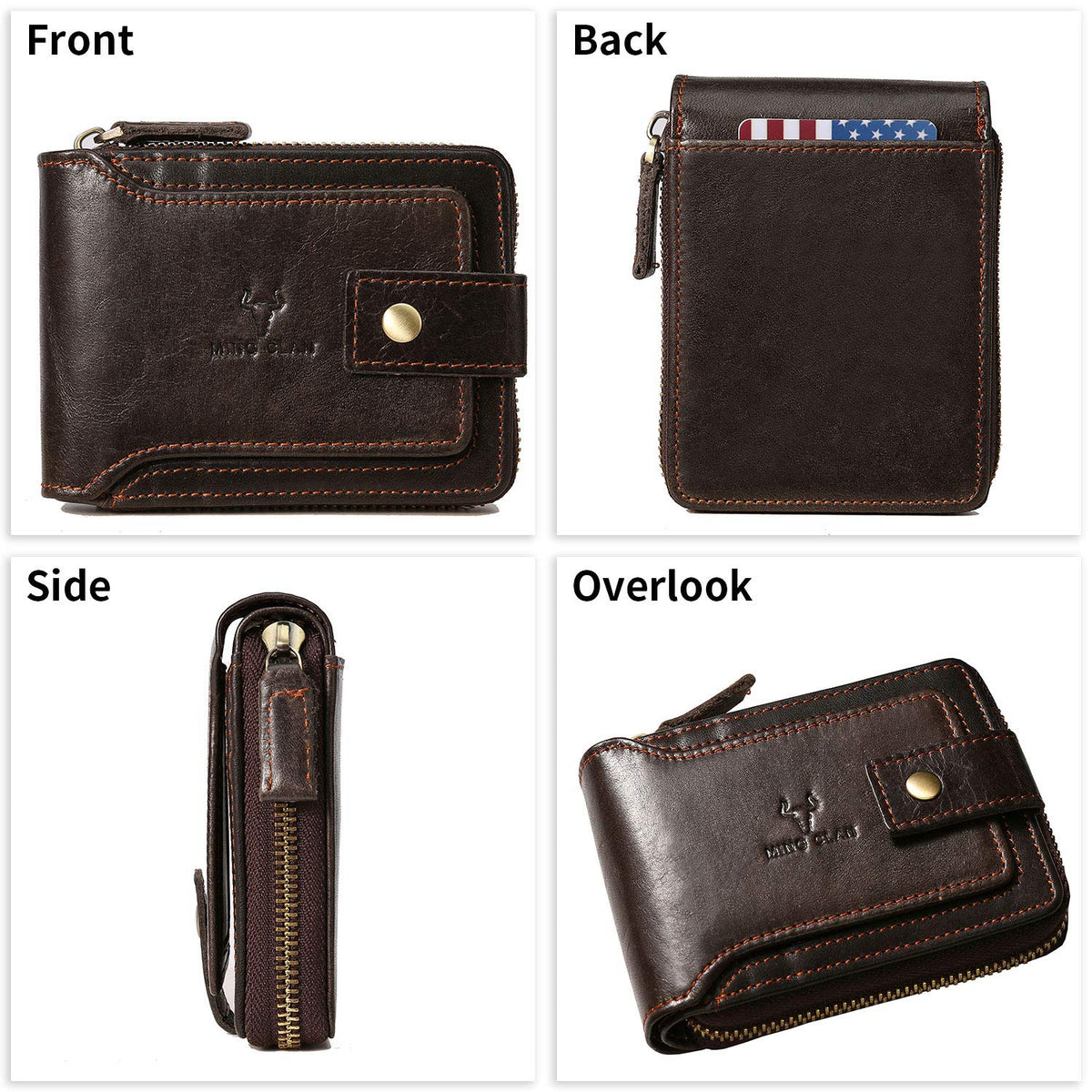 MING CLAN Leather RFID Blocking Bifold Wallet For Men With Zipper, Flap ID Window Zip Coin Pocket, Big Capacity Credit Card Holder For Travel