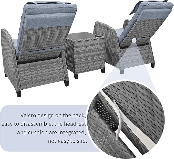 Outdoor Recliners Chair Set of 2 for Patio with Wicker Coffee Table, Comfort Cushion, Adjustable Angle Weatherproof Reclining Chairs for Courtyard, Swimming Pool, Balcony (Grey)