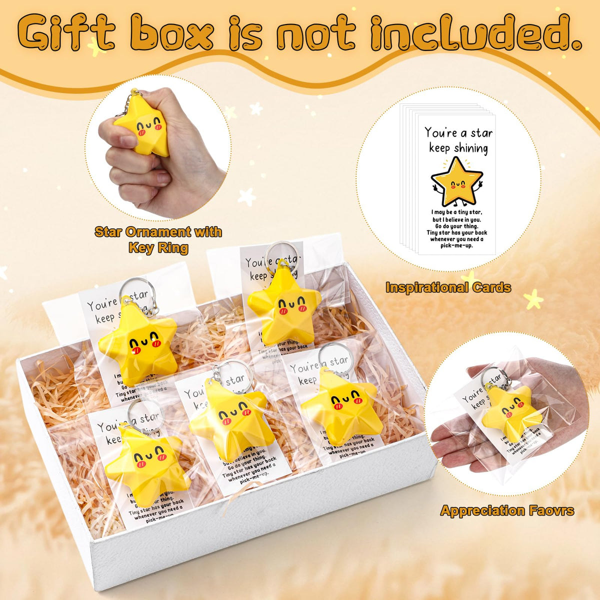 Wavwavw 36 Set Inspirational Gifts Star Keychain with You Are a Star Card Office Thank You Gift for Team Employee Coworkers (Yellow)