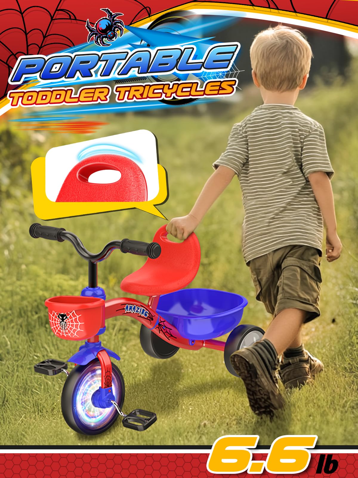 Tricycle for Toddlers 1-3 3-5 Year Olds, Spider Toddler Bike Baby Balance Bike with Colorful Lighting Wheels & Large Basket, Birthday Gift and Toy for 1 2 3 4 5 Year Olds Boys and Girls