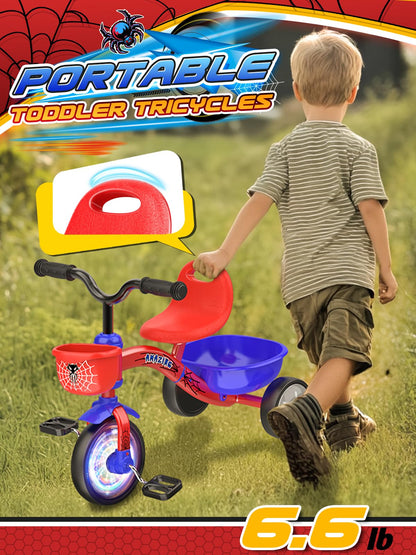 Tricycle for Toddlers 1-3 3-5 Year Olds, Spider Toddler Bike Baby Balance Bike with Colorful Lighting Wheels & Large Basket, Birthday Gift and Toy for 1 2 3 4 5 Year Olds Boys and Girls