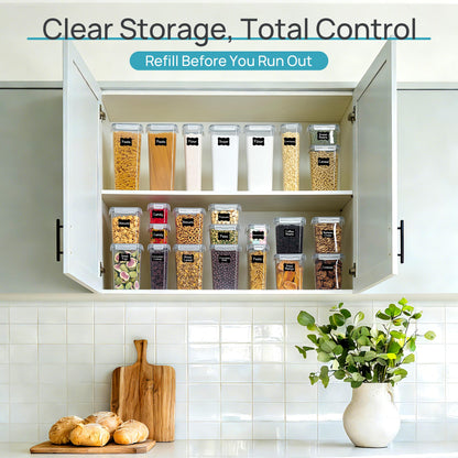 Vtopmart Airtight Food Storage Containers with Lids, 24 pcs Plastic Kitchen and Pantry Organization Canisters for Cereal, Dry Food, Flour and Sugar, BPA Free, Includes 24 Labels，Gray