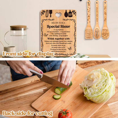 Sister Birthday Gifts - "Recipe for a Special Sister" Sister Gifts from Sister Cutting Board Set, Bamboo-Made Engraved Utensil Set Sister Gifts from Sister, Mothers Day Gifts for Sister