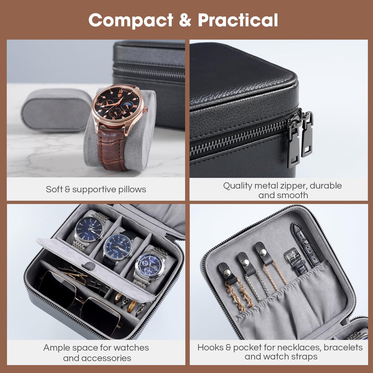 ProCase Travel Watch Case, 3 Slots PU Leather Mens Jewelry Box, Portable Watches Cufflinks Accessories Storage Case, Zippered Carrying Organizer Bag for Man, Valentine's Day Gift -Black