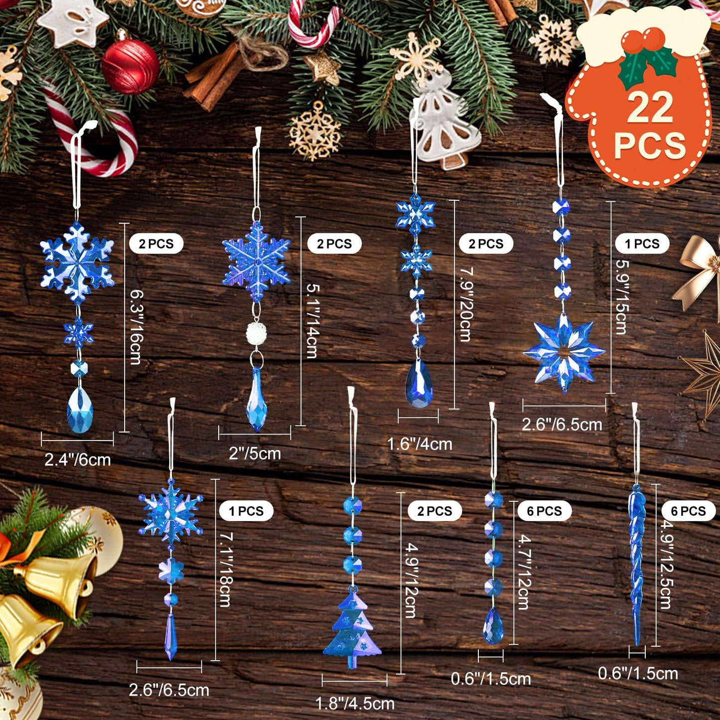 Lanpn 22pcs Christmas Ornaments Crystal Christmas Tree Decoration, Hanging Clear Acrylic Snowflake Icicle Drop Crystal Pendants for Xmas Tree Winter New Year Outdoor Indoor Party Decoration (Blue)