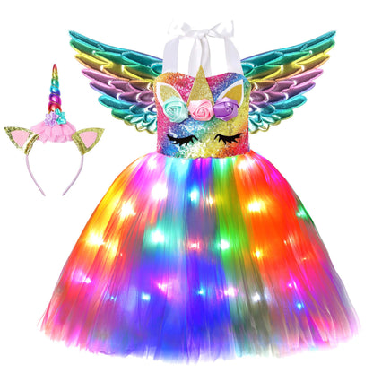 Soyoekbt Girls Unicorn Costume LED Light Up Unicorn Princess Dress Birthday Party Outfit Halloween Tutu Dress with Headband Rainbow Sequin+Rainbow Led 3-4Years