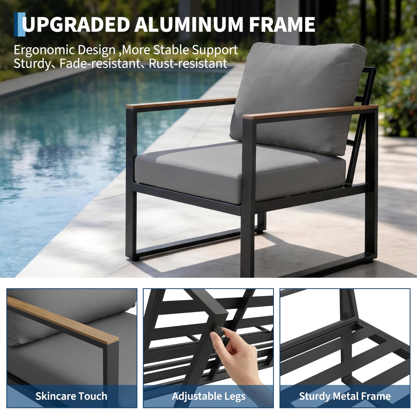 GarveeTech 4-Piece Aluminum Outdoor Sectional Sofa Set with Coffee Table, Patio Furniture Conversation Set for Porch, Poolside & Deck, Washable Thick Cushions (Gray)