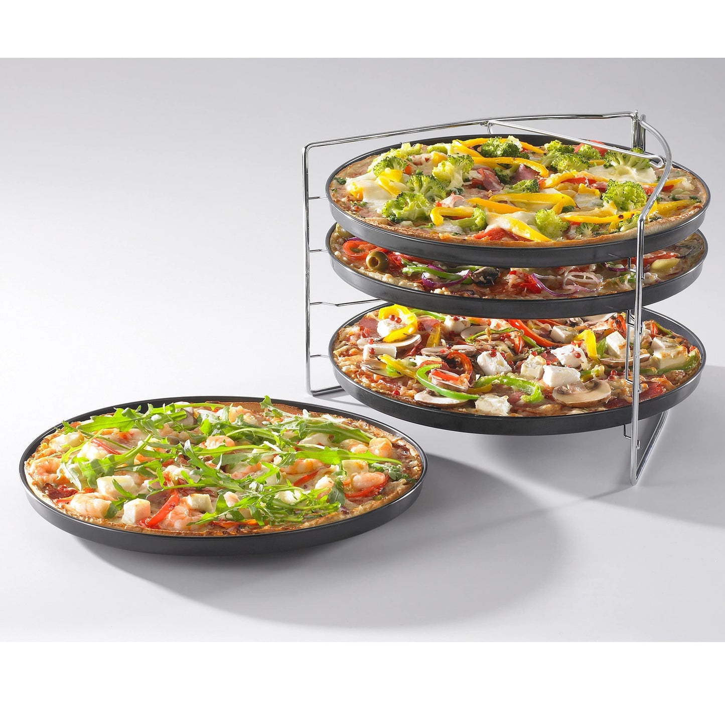 Grizzly Pizza Baking Set, 5-Piece Set, with Lockable Stand and 4X Pizza Tray Round 28 cm, Pizza Rack for Oven, Bake 4 Pizzas at The Same time