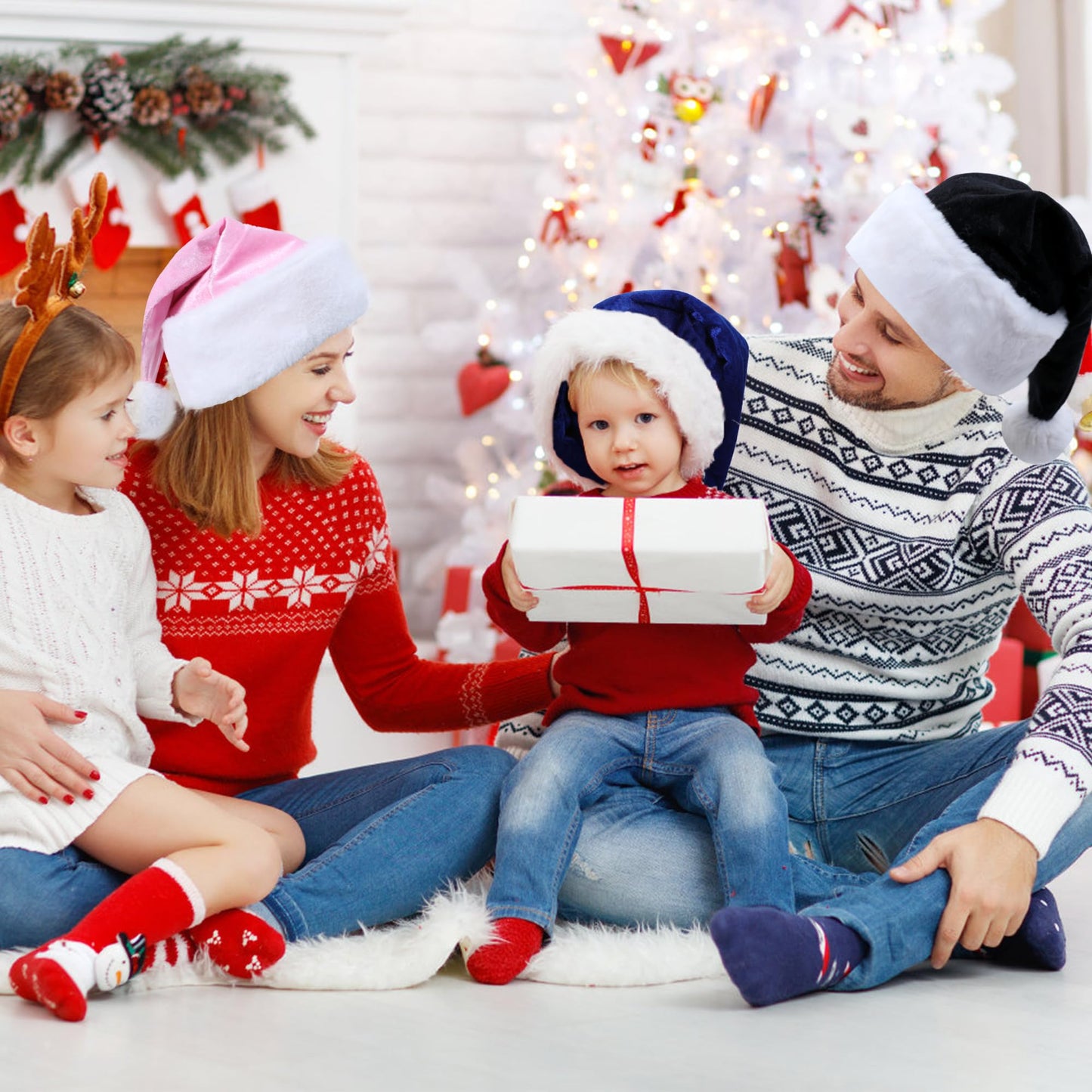 Eoocan Santa Hat for Adults, Unisex Velvet Comfort Xmas Hats Extra Thicken Plush for Christmas New Year Festive Holiday Party