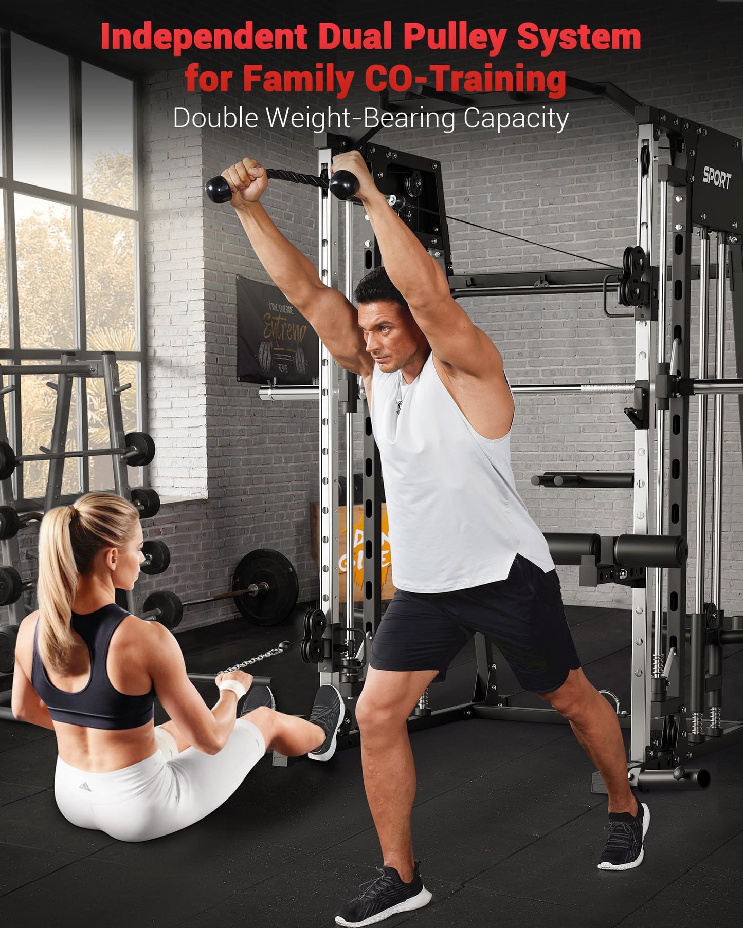GarveeLife Smith Machine Home Gym All in One, 2200 LBS Squat Rack Power Cage with Smith Bar, LAT Pull-Down, Cable Systems, Leg Hold-Down and More Attachments, Workout Equipment (Black)