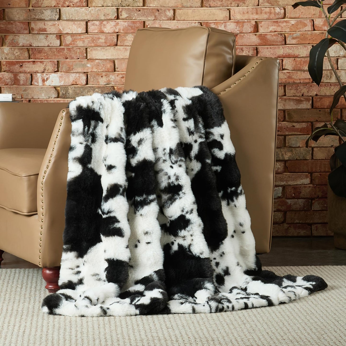 Lotus Karen Faux Fur Throw Blanket Cow Print-Black, Fluffy Fuzzy Plush Bubble Blanket for Couch, 60x50 Inches Cozy Shaggy Rabbit Blanket, Luxury Decorative Gifts for Sofa Bedroom Living Room.