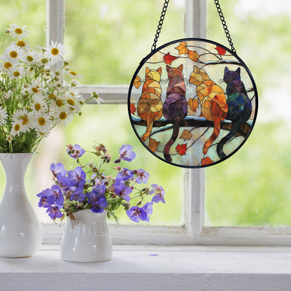 XFCICRLJ Cat Gifts Fall Winter Suncatcher Stained Glass Window Hanging, Rustic Autumn Black Cat Sun Catchers Indoor Window Glass Wall Art Decor, Fall Wall Hanging Decor Decorations, 7.9x7.9 Inch