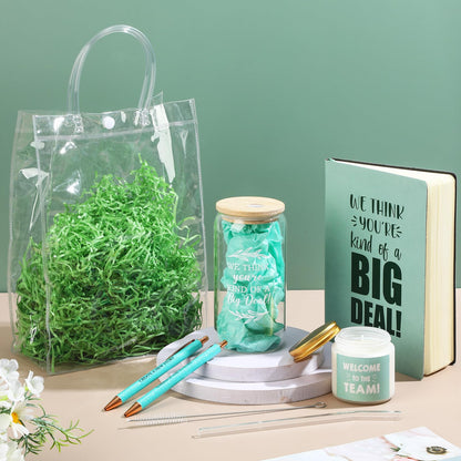 Thenshop 6 Pcs Welcome to the Team Gifts Bulk for New Employee Inspirational Glass Tumbler Notebook Pens Scented Candle with PVC Bag Employee Appreciation Gift Set for New Coworker Office (Sage Green)